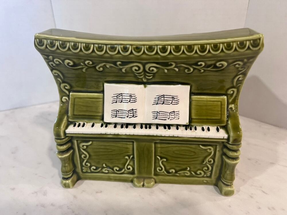 Vintage Relpo Ceramic Piano Musical Trinket Box - Olive Green Mid-Century Decor